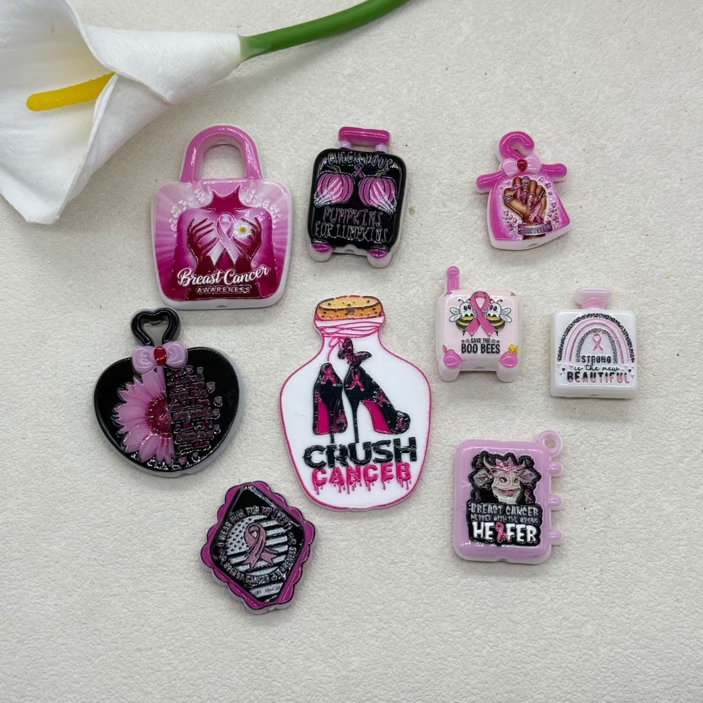 Breast Cancer Awareness Acrylic Charms – UV Printed DIY Components